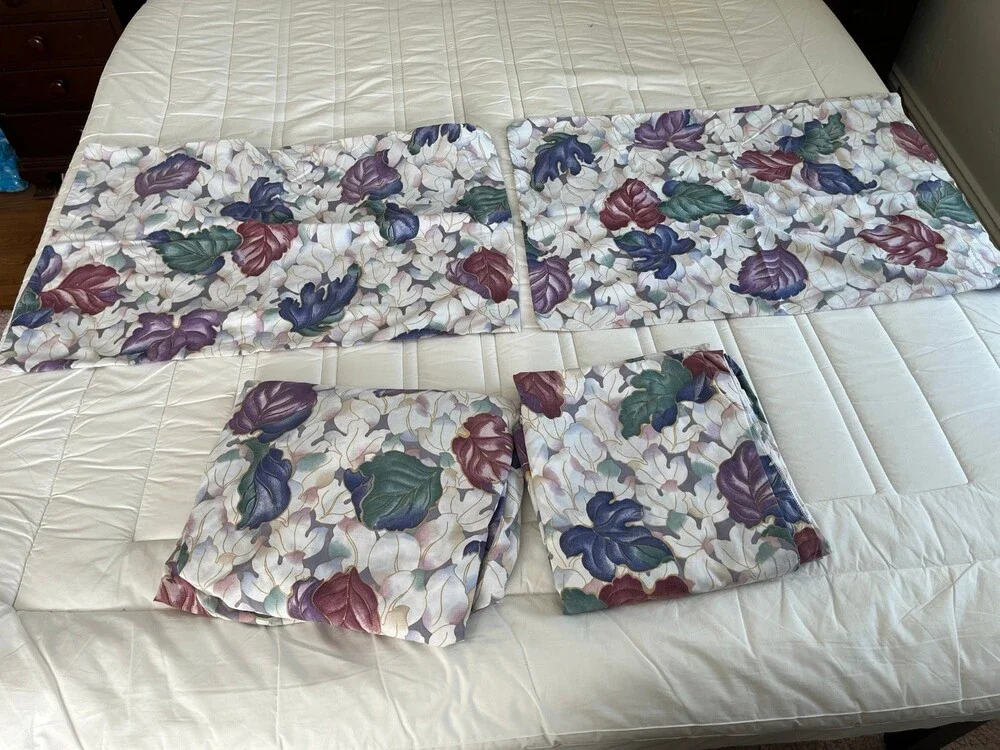 VTG Springs 4pc Queen Bed Sheet Set Floral Flat Fitted & Pillowcases Purple Leaf